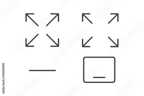 Line Style Icons. Line style icons of expand and minimize: arrows pointing out, expand box, collapse icon, full screen symbol.