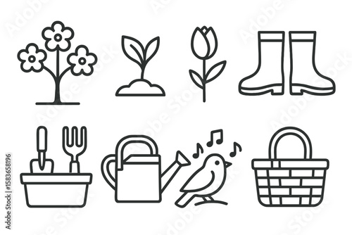 Spring Season Icons. Line style icons of spring season: blooming tree, sprouting leaf, flower bud, rainy boots. garden icon,
