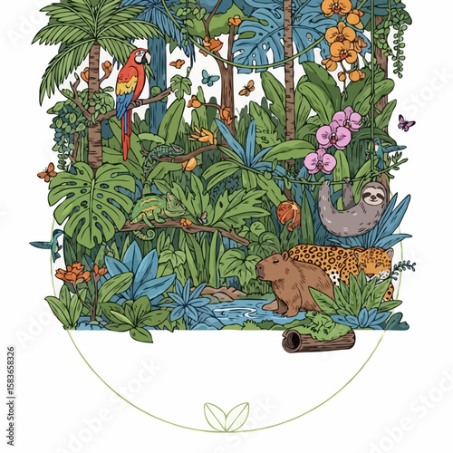 Detailed vibrant jungle illustration in natural greens and earthy tones depicting various wildlife and lush vegetation, symbolizing biodiversity and natural ecosystems with copy space.