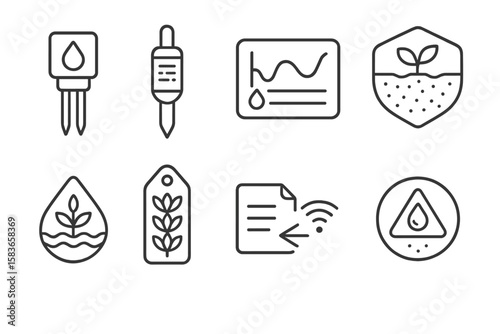 Agrotech Icon Set. Line style icons of digital agriculture and agrotech: soil moisture sensor, data probe icon, irrigation status