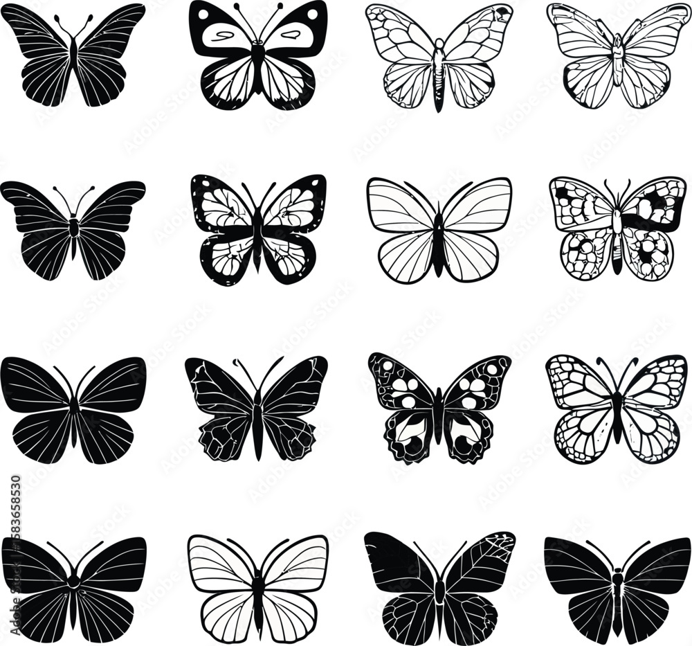 Obraz premium Grid of Minimalist Butterfly Icons – Vector Set