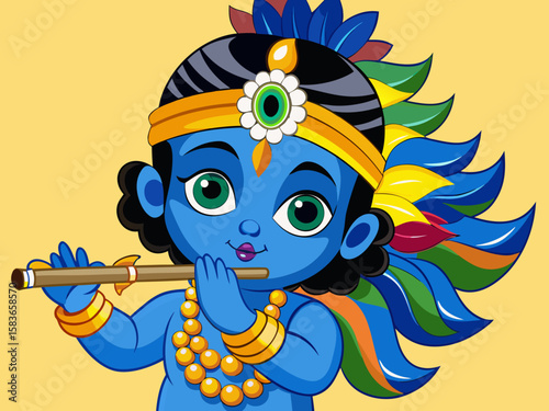 Charming Vector Illustration of Child Krishna Playing Flute with Peacock Feather and Traditional Jewelry in Divine Pose on White Background — Generative AI