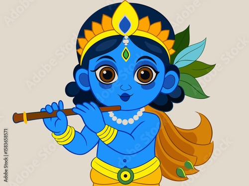 Charming Vector Illustration of Child Krishna Playing Flute with Peacock Feather and Traditional Jewelry in Divine Pose on White Background — Generative AI