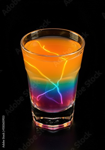 Colorful rainbow lightning storm inside a glass filled with vibrant orange yellow and rainbow colors creating a lightning effect on black background