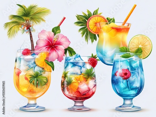 Colorful Refreshing Juice party menus and Cocktail Colorful Illustration with Citrus, Berries, and lemon slice bundle 