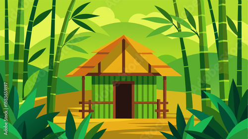 The vibrant green leaves of the surrounding bamboo trees offer a refreshing backdrop to the rustic yet cozy bamboo hut where remote work takes place.. Vector illustration