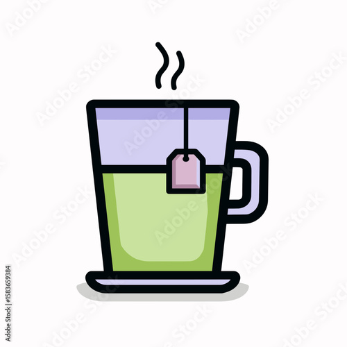 Colorful line-drawn illustration of a mug filled with green tea, featuring a black outline, purple rim, and handle, with a tea bag and pink tag hanging over the side, steam rising,