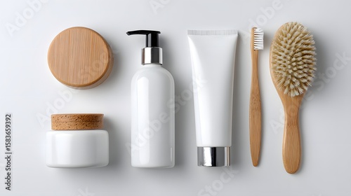 Arrangement of Eco-friendly Personal Care Products on a Clean White Surface for Daily Hygiene