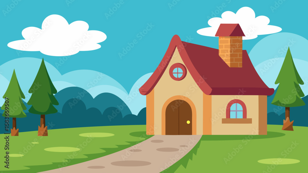 Naklejka premium Cartoon cottage street in fantasy village vector illustration