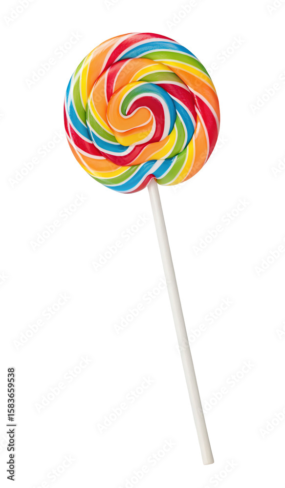 Colorful spiral lollipop on a white background with bright rainbow candy colors swirling sweetly Colorful spiral lollipop on a white background with bright rainbow candy colors swirling sweetly