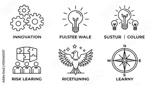A grid of 6x8 simple line art icons illustrating startup culture and values — concepts like innovation, resilience, collaboration, risk-taking, and learning. Each icon is symbolic and abstract, drawn 