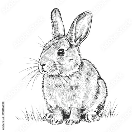 Detailed hand drawn rabbit sketch sitting on grass with realistic texture. Animal illustration concept
