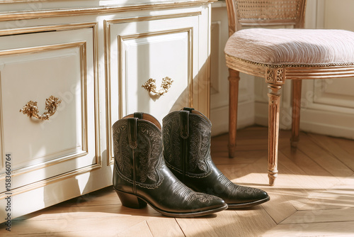 pair of black cowboy boots on a wood floor near a chair and dresser drawers