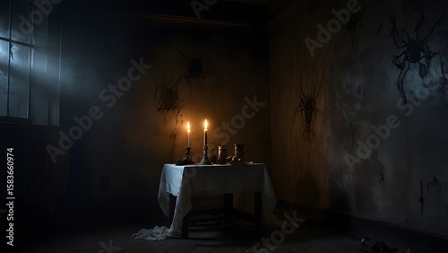 Eerie dimly lit room with a table set for a meal and spider drawings on the wall