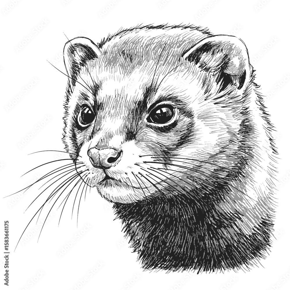 Obraz premium European Polecat Mustela putorius. A close-up hand-drawn illustration of a ferret’s face, showing intricate fur detail and expressive eyes. Rendered in a monochrome style with strong line work 