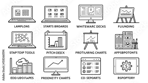 A modern 6x8 icon grid representing startup tools and resources — icons include laptops, whiteboards, pitch decks, funding charts, co-working spaces, productivity apps, and code repositories. All in a