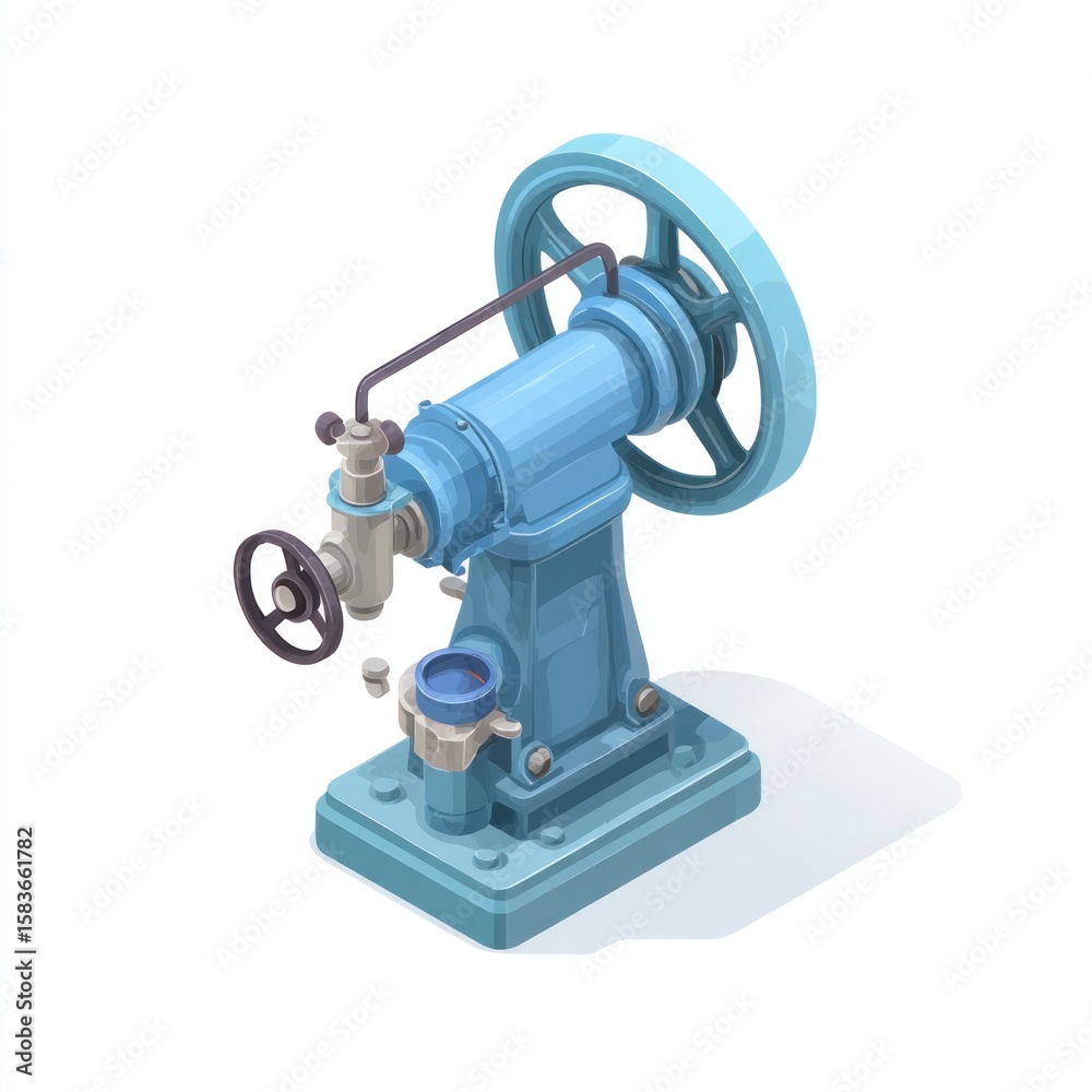 Isometric illustration of a light-blue industrial machine with a large wheel, smaller control wheel, various pipes, valves, and a base. It appears to be a type of pump or engine Isometric illustration of a light-blue industrial machine with a large wheel, smaller control wheel, various pipes, valves, and a base. It appears to be a type of pump or engine