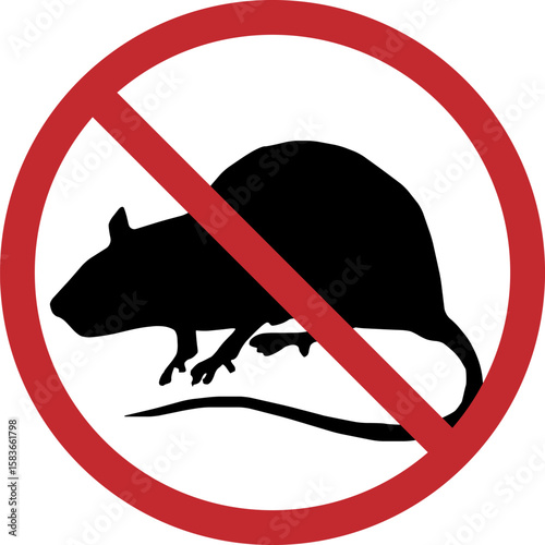 Vector anti pest sign with black rat silhouette under crossed red circle isolated on white background