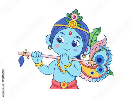 Charming Vector Illustration of Child Krishna Playing Flute with Peacock Feather and Traditional Jewelry in Divine Pose on White Background — Generative AI