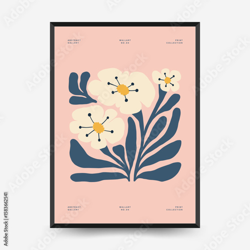 Abstract floral posters template. Modern trendy Matisse minimal style. Pink and blue colors. Hand drawn design for wallpaper, wall decor, print, postcard, cover, template, banner.