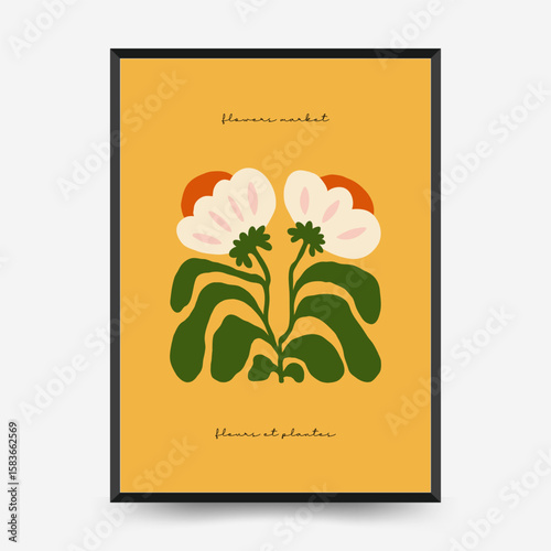 Abstract floral posters template. Modern trendy Matisse minimal style. Pink and blue colors. Hand drawn design for wallpaper, wall decor, print, postcard, cover, template, banner.