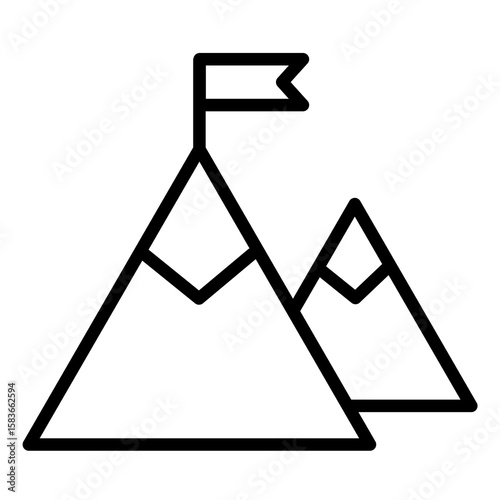 Mountain peak top with flag, mission or goal with high ambitions line art vector icon for websites and apps.