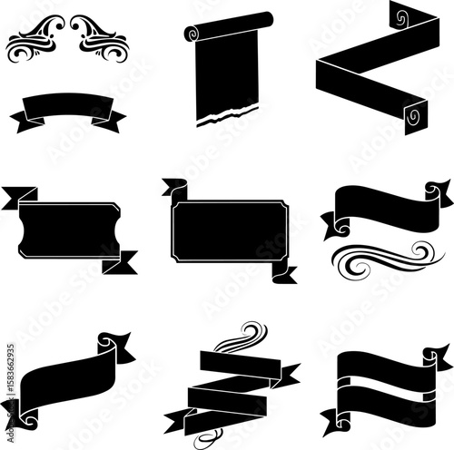 Collection of nine black ornate vintage ribbon banners and decorative elements isolated on transparent background