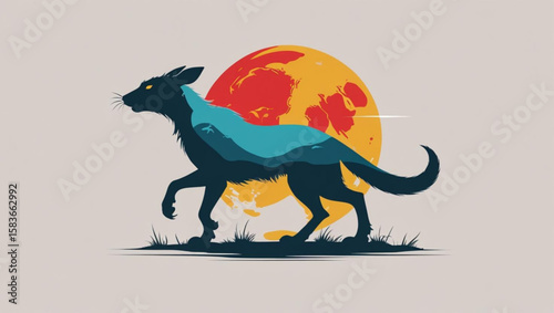  Double exposure illustration of a wolf silhouette with a mountain landscape on its back, walking in front of a red moon.