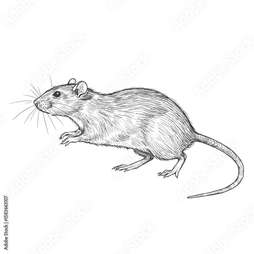 A hand-drawn monochrome sketch of a rat standing in side profile with one paw slightly raised. The drawing captures realistic anatomical features and fur texture, rendered in a detailed and traditiona