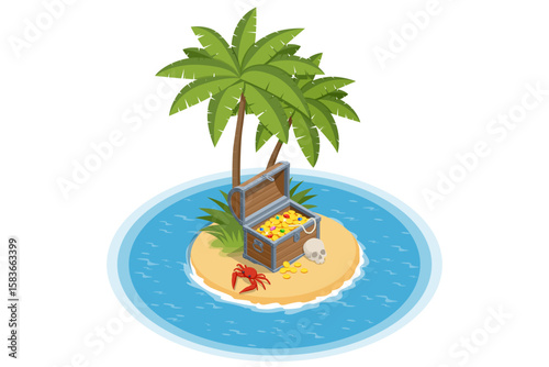 An Isometric illustration of a tropical treasure scene with an open chest of gold under palm trees, a human skull, coins, and a red crab on the sand.