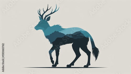 Double Exposure Deer with Mountain Landscape