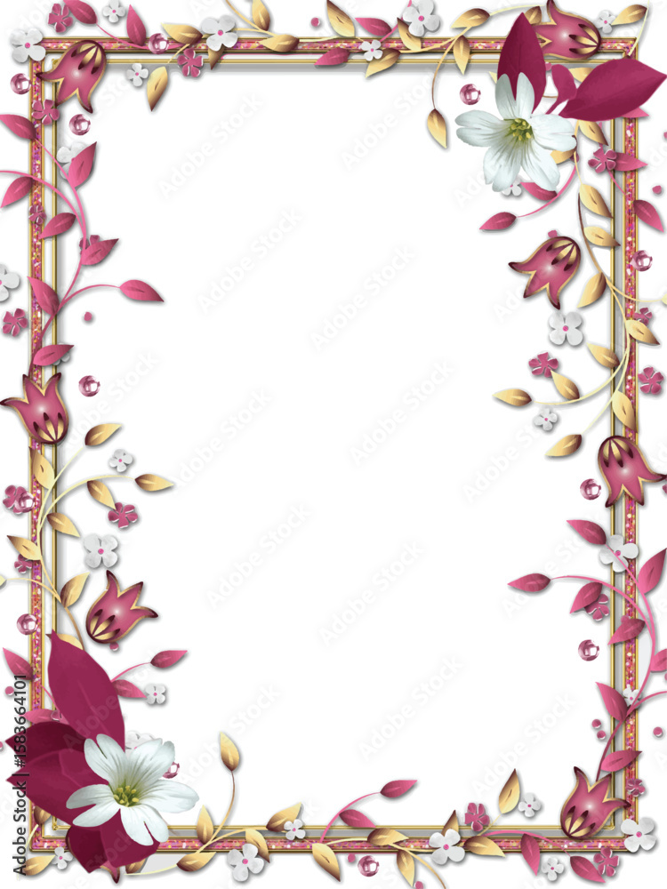 Fototapeta premium Floral Frame with Gold Accents and Pink Flowers