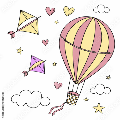 flying balloons in the sky with clouds and kitty