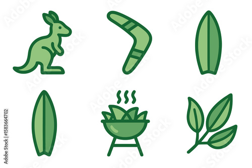simple Australia culture set with kangaroo, boomerang, Opera House, surfboard, BBQ, eucalyptus in green tones, transparent background.