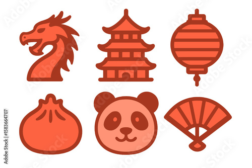 Chinese icons in light and dark red shades: dragon, pagoda, lantern, dumpling, panda, fan. Flat cartoon style on transparent.