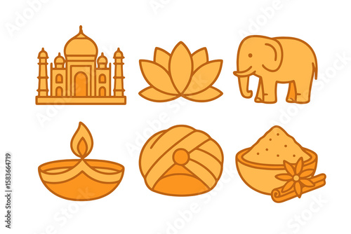 Indian icons in light and dark orange shades: Taj Mahal, lotus, elephant, diya lamp, turban, spices. Flat cartoon style on transparent.