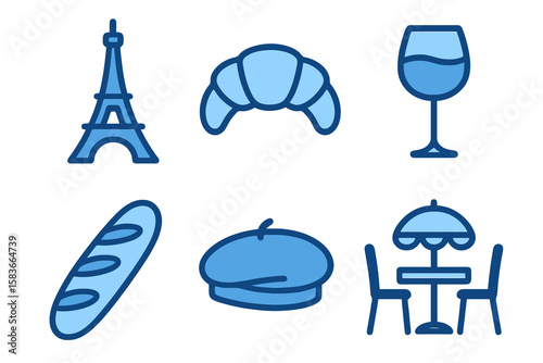 French icons in light and dark blue shades: Eiffel tower, croissant, wine glass, baguette, beret, café table. Flat cartoon style on transparent.