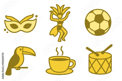 simple Brazil culture set with mask, samba, football, toucan, coffee, drum in yellow tones, transparent background.