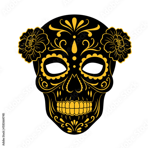 Decorative Día de los Muertos mask with flowers on white background