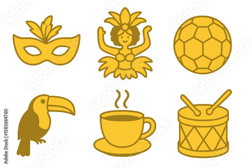 Brazilian icons in light and dark yellow shades: carnival mask, samba, soccer ball, toucan, coffee, drum. Flat cartoon style on transparent.