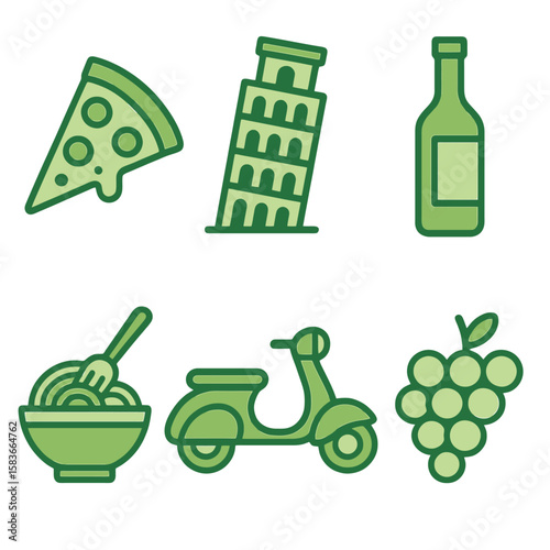 Italian icons in light and dark green shades: pizza, tower, wine, pasta, vespa, grapes. Flat cartoon style on transparent.
