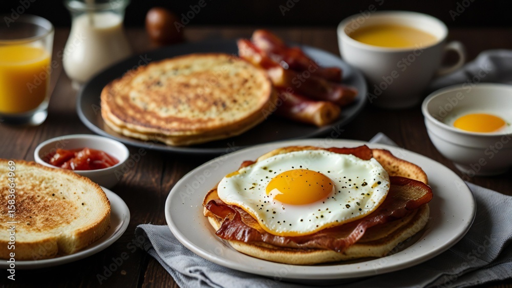 Hearty breakfast spread featuring pancakes bacon fried egg and toast Hearty breakfast spread featuring pancakes bacon fried egg and toast