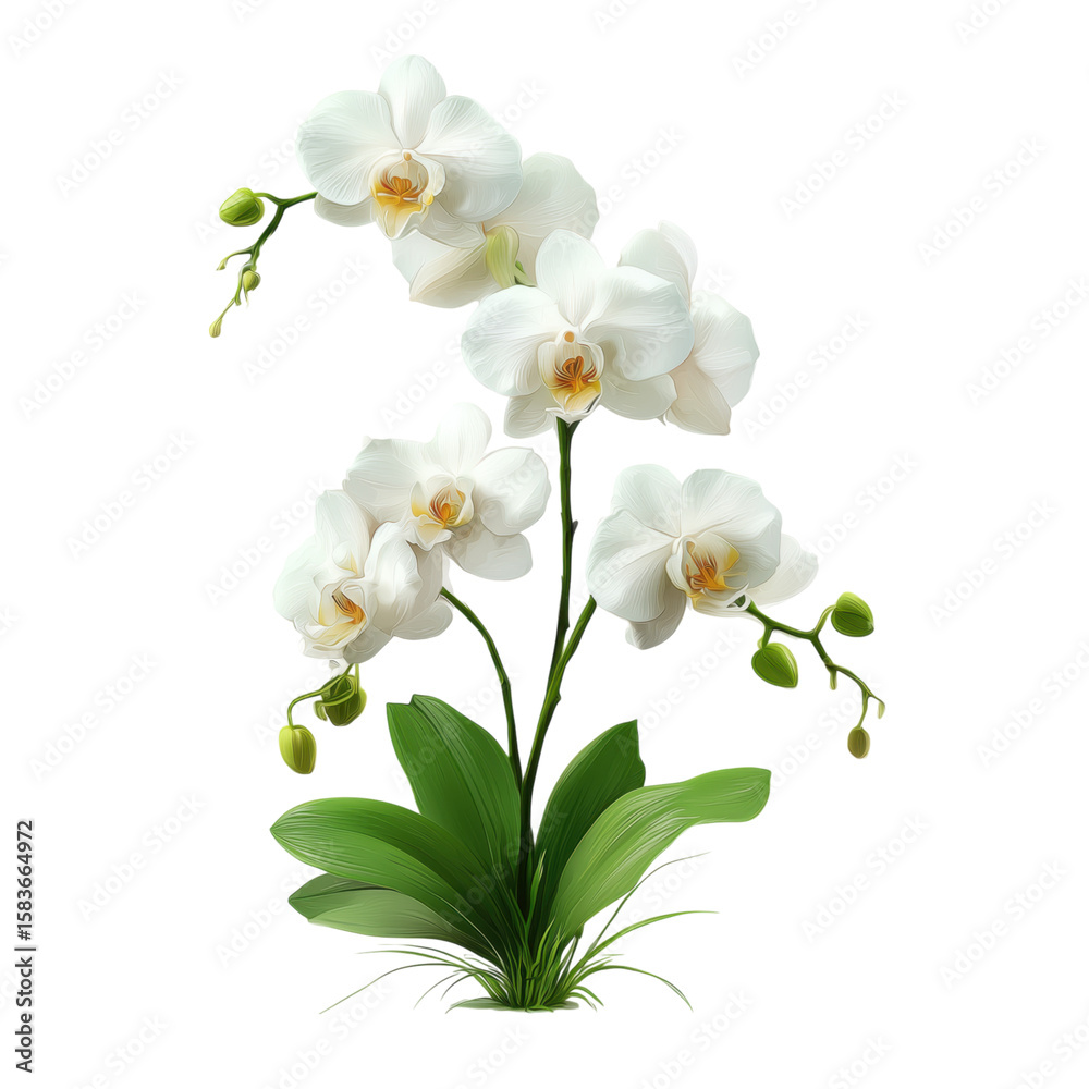 Obraz premium White orchid blossoms on a branch, a beautiful floral bouquet isolated on white