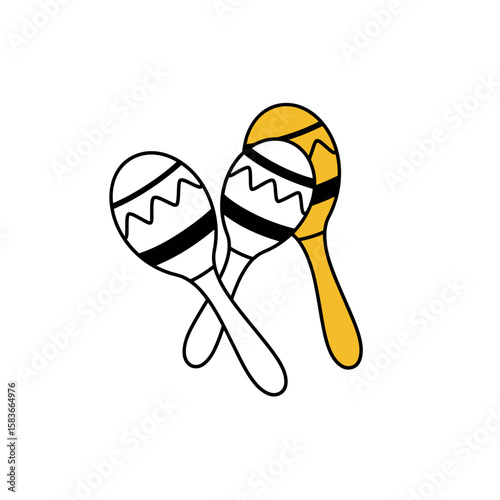 Colorful maracas in yellow and black design on white background for music and festive celebrations