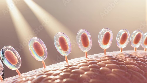 Microscopic view of cell structures, vibrant cells illuminated by soft light, showcasing biological intricacies and textures perfect for skincare.