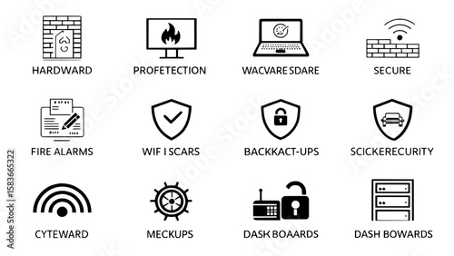 A black and white security icon library presented in a tidy grid layout, covering both hardware and software-based protection measures—like fire alarms, malware scans, secure backups, Wi-Fi encryption