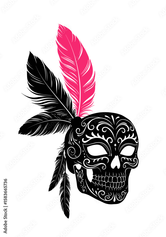 Fototapeta premium Decorative skull mask with colorful feathers on transparent background