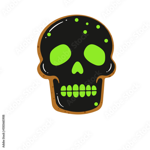 Decorative sugar skull cookie with green frosting on white background
