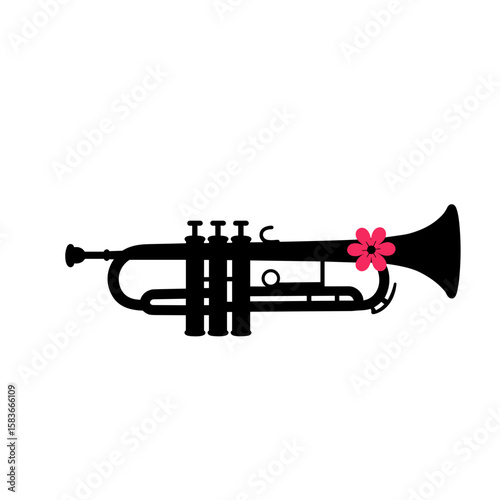 Mariachi trumpet with a pink flower on a transparent background
