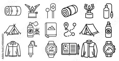 Collection of items related to camping and outdoor activities. The items include a tent, a backpack, a water bottle, a book, a watch, and a compass